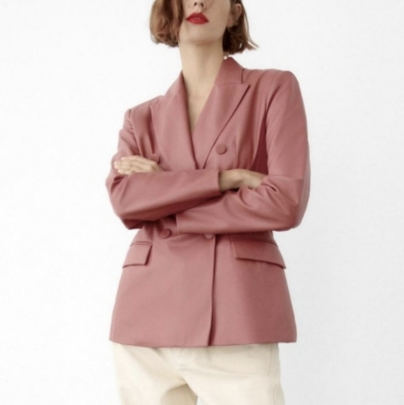 ZARA NEW WOMAN FAUX LEATHER DOUBLE-BREASTED BLAZER JACKET PINK MARSALA M,L - Picture 4 of 9